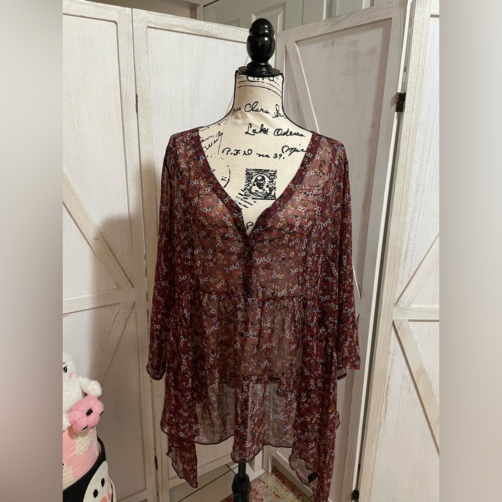 LANE BRYANT BURGUNDY FLORAL PEASANT BLOUSE EMPIRE WAIST 18/20 petite EUC
